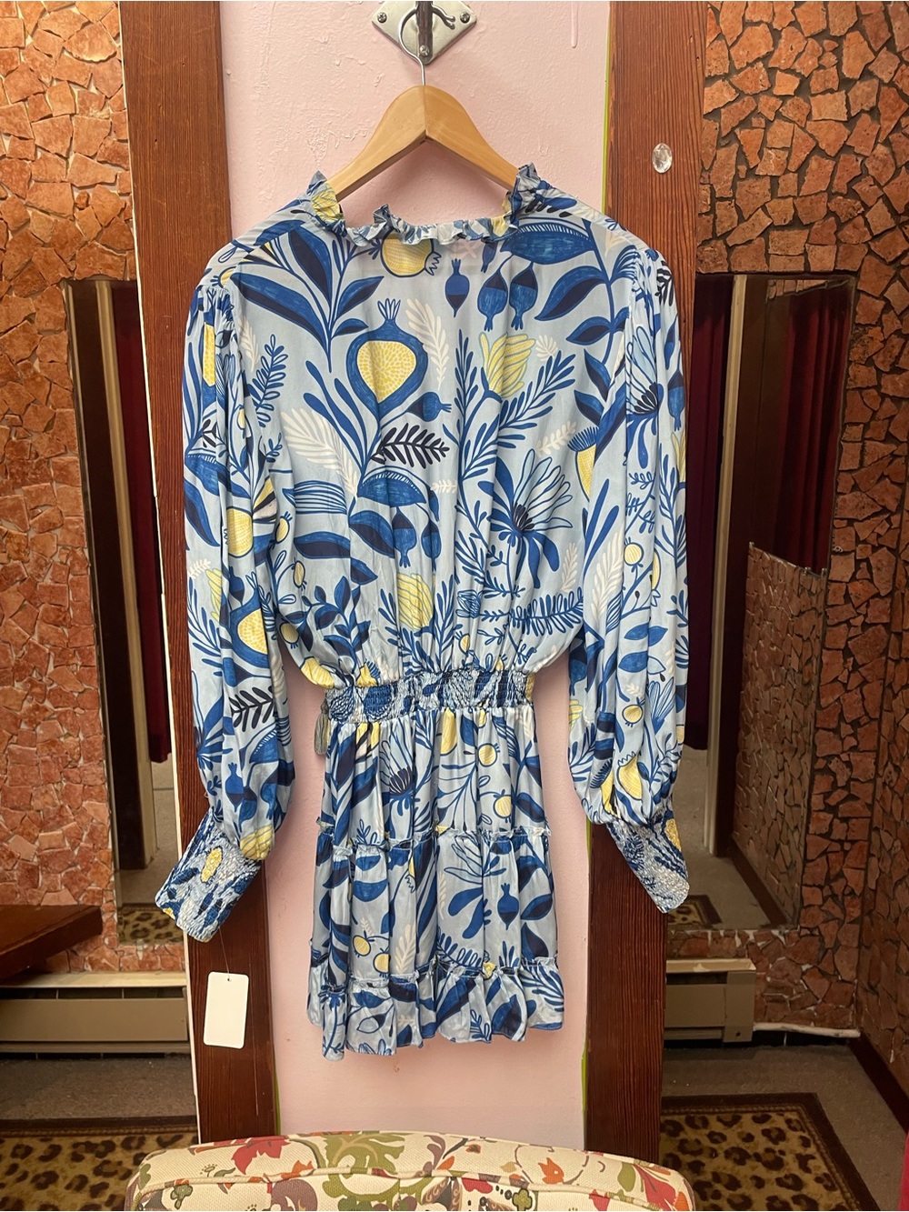 TAJ by Sabrina Crippa Blue and Yellow Floral Long Sleeve Smocked Dress - Picture 5 of 10